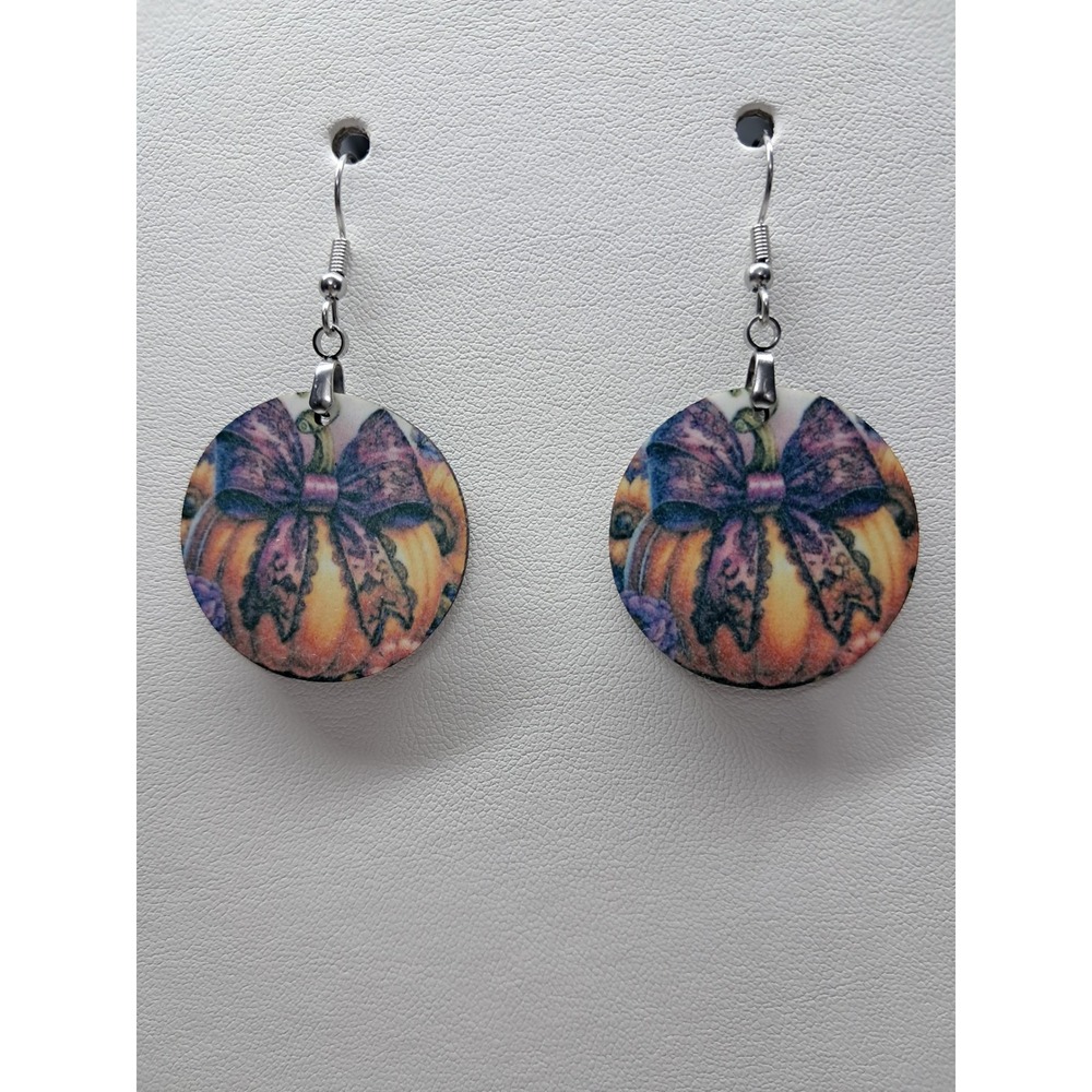 Handmade Pumpkin Bow Drop Earrings Fall Autumn Halloween Jewelry Silver Tone‎